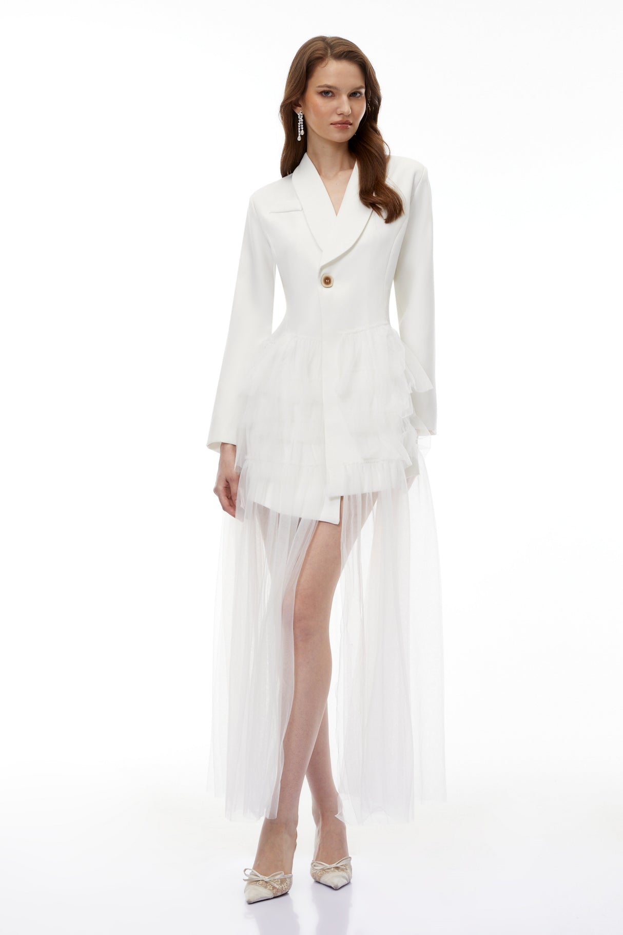 Aurohaya Illyria White Blazer Maxi Dress with Ruffled Tulle