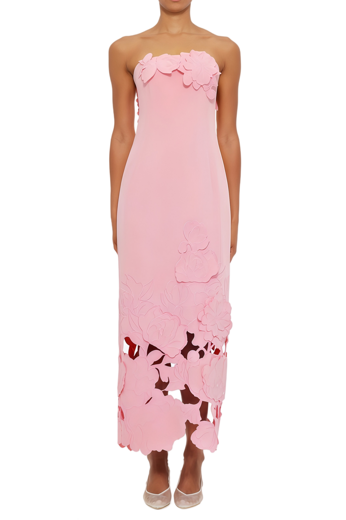 Aurohaya Inga Pink Strapless Floral Embroidered Maxi Dress