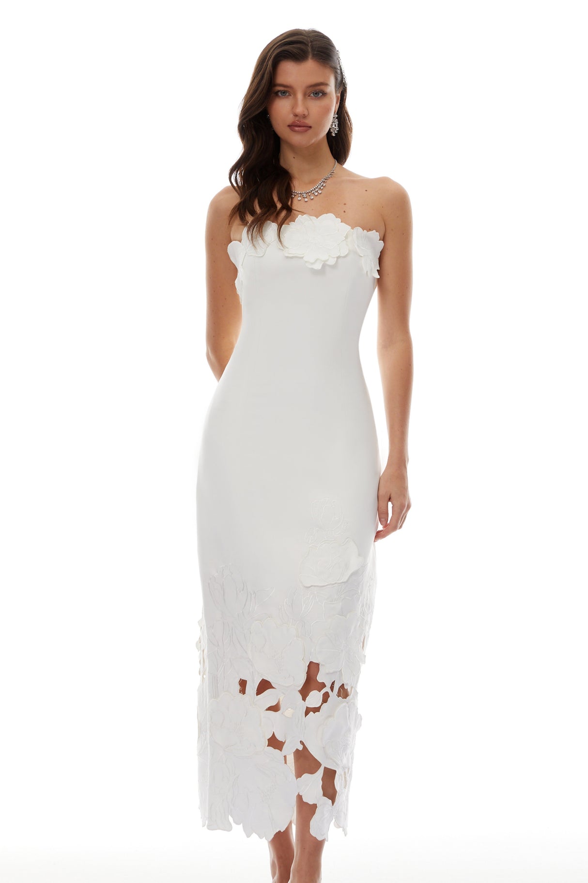 Aurohaya Inga White Strapless Floral Embroidered Maxi Dress