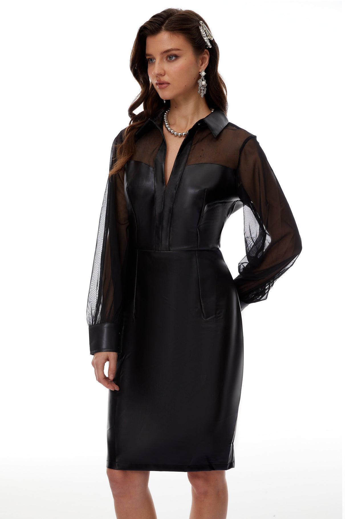 Aurohaya Inger Black Leather Midi Dress with Tulle Panels