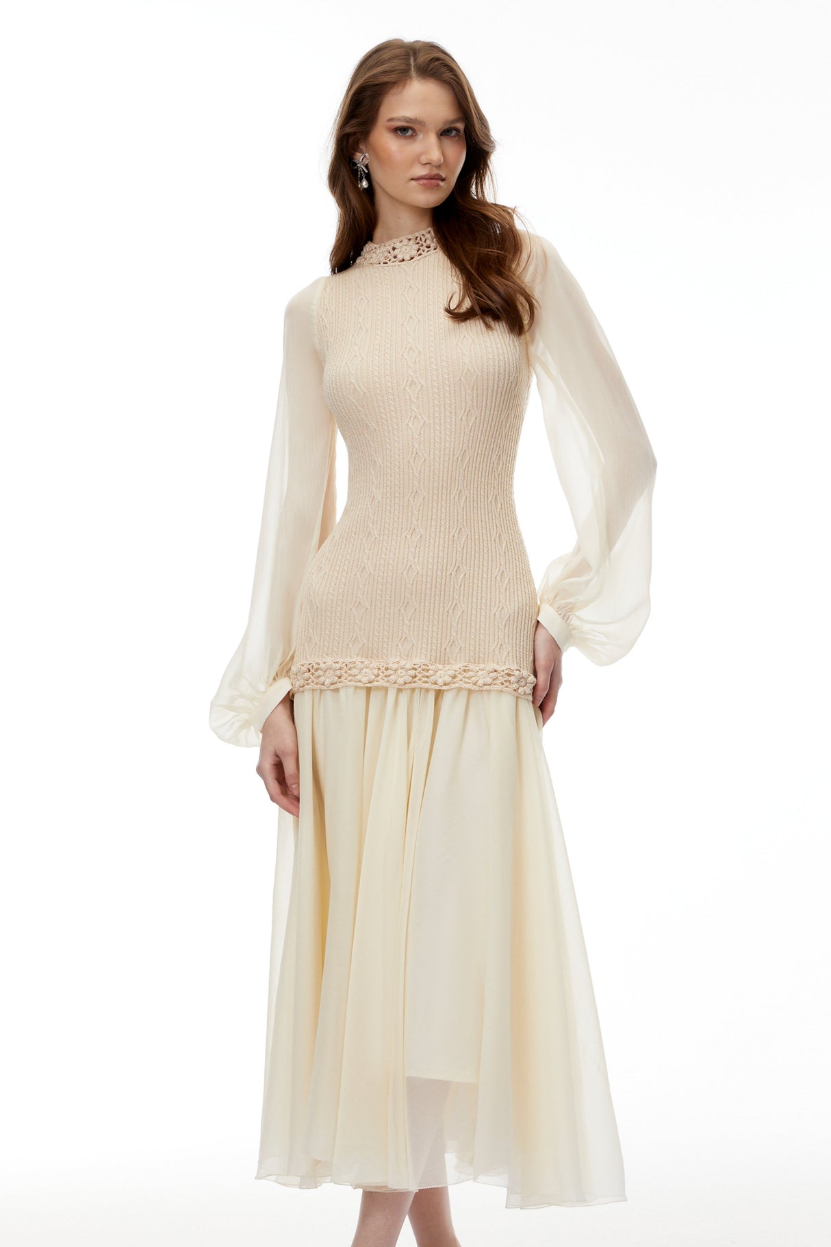 Aurohaya Iolanthe Champagne Floral Tulle Midi Dress