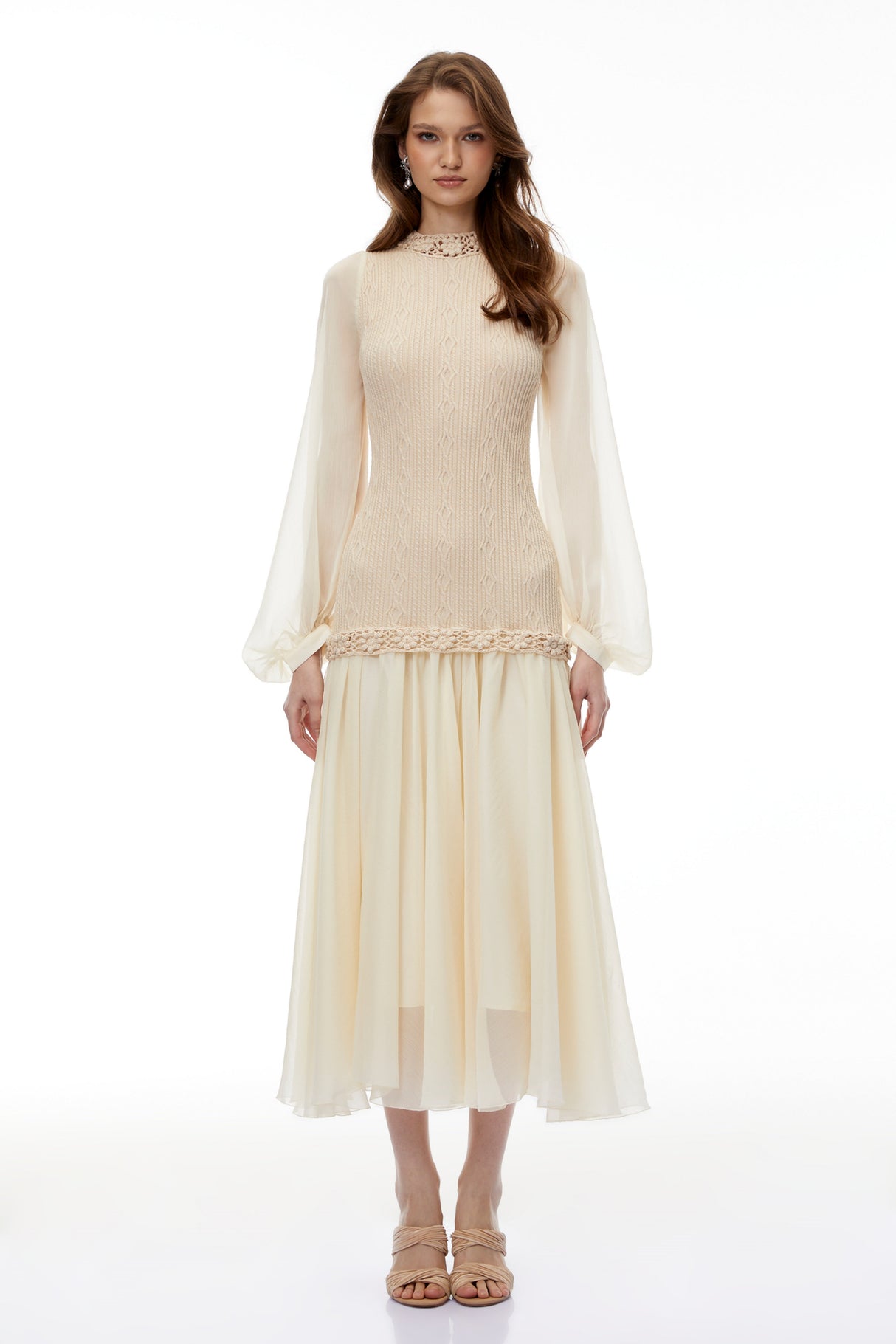 Aurohaya Iolanthe Champagne Floral Tulle Midi Dress