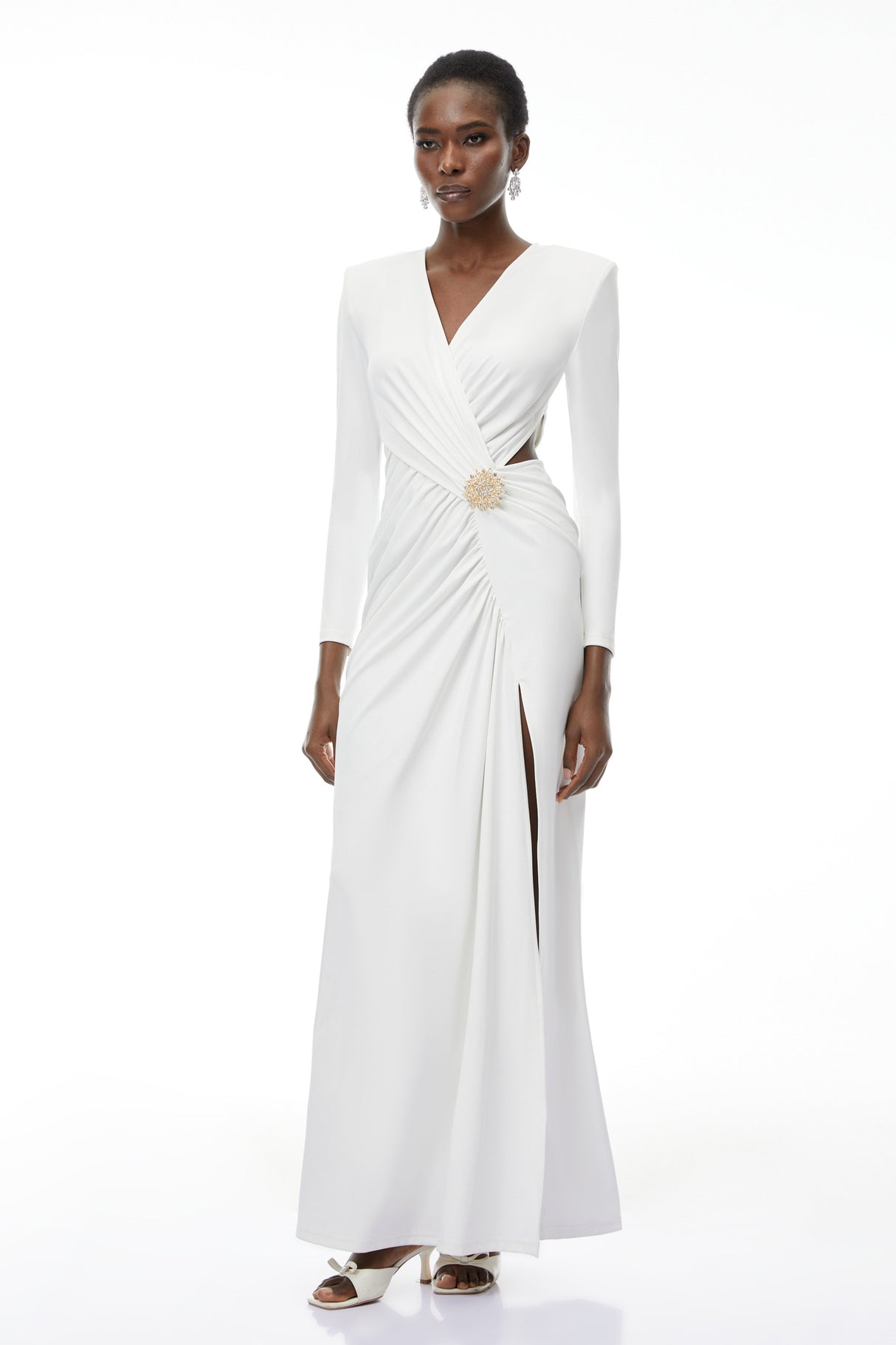 Aurohaya Irena White Cross Front Maxi Dress with Side Slit