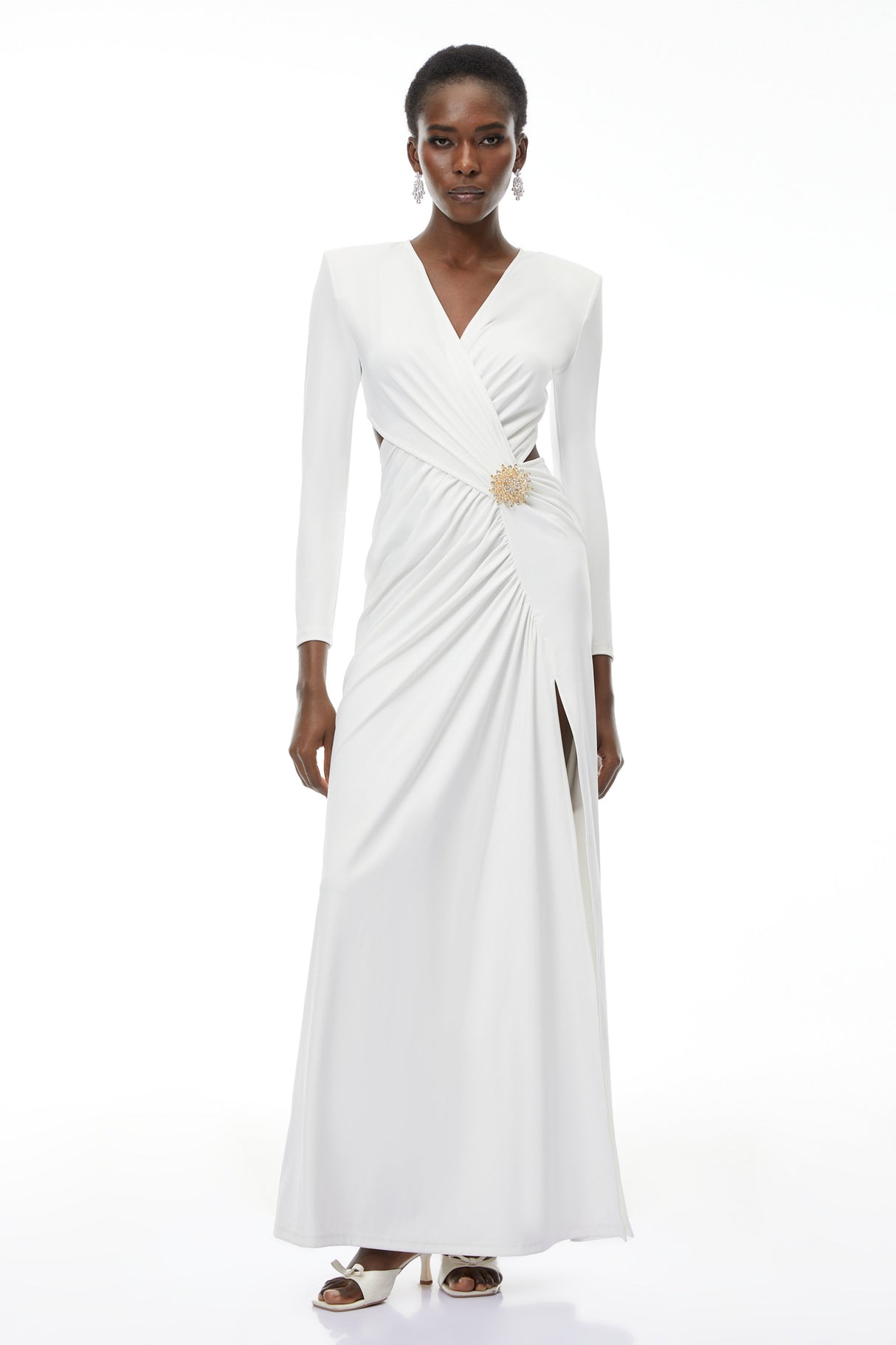 Aurohaya Irena White Cross Front Maxi Dress with Side Slit