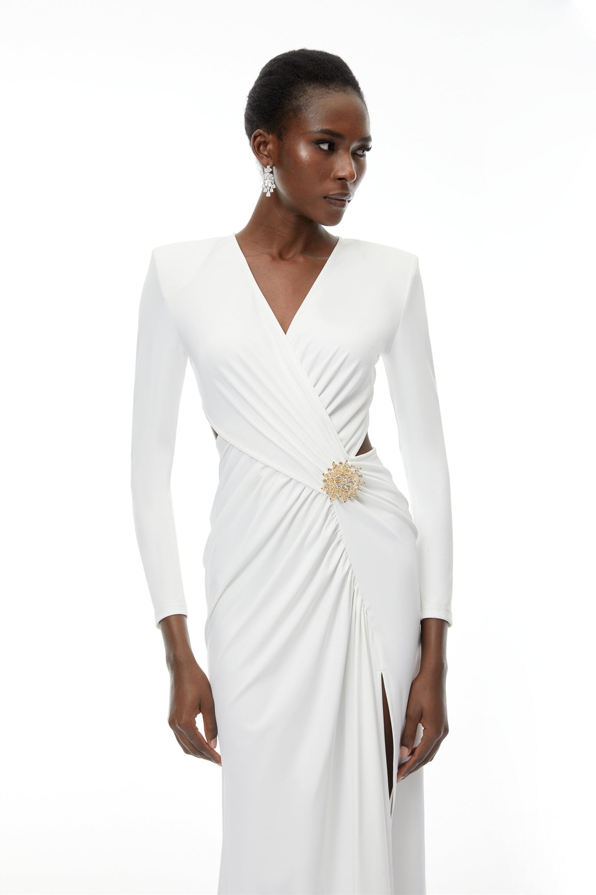 Aurohaya Irena White Cross Front Maxi Dress with Side Slit