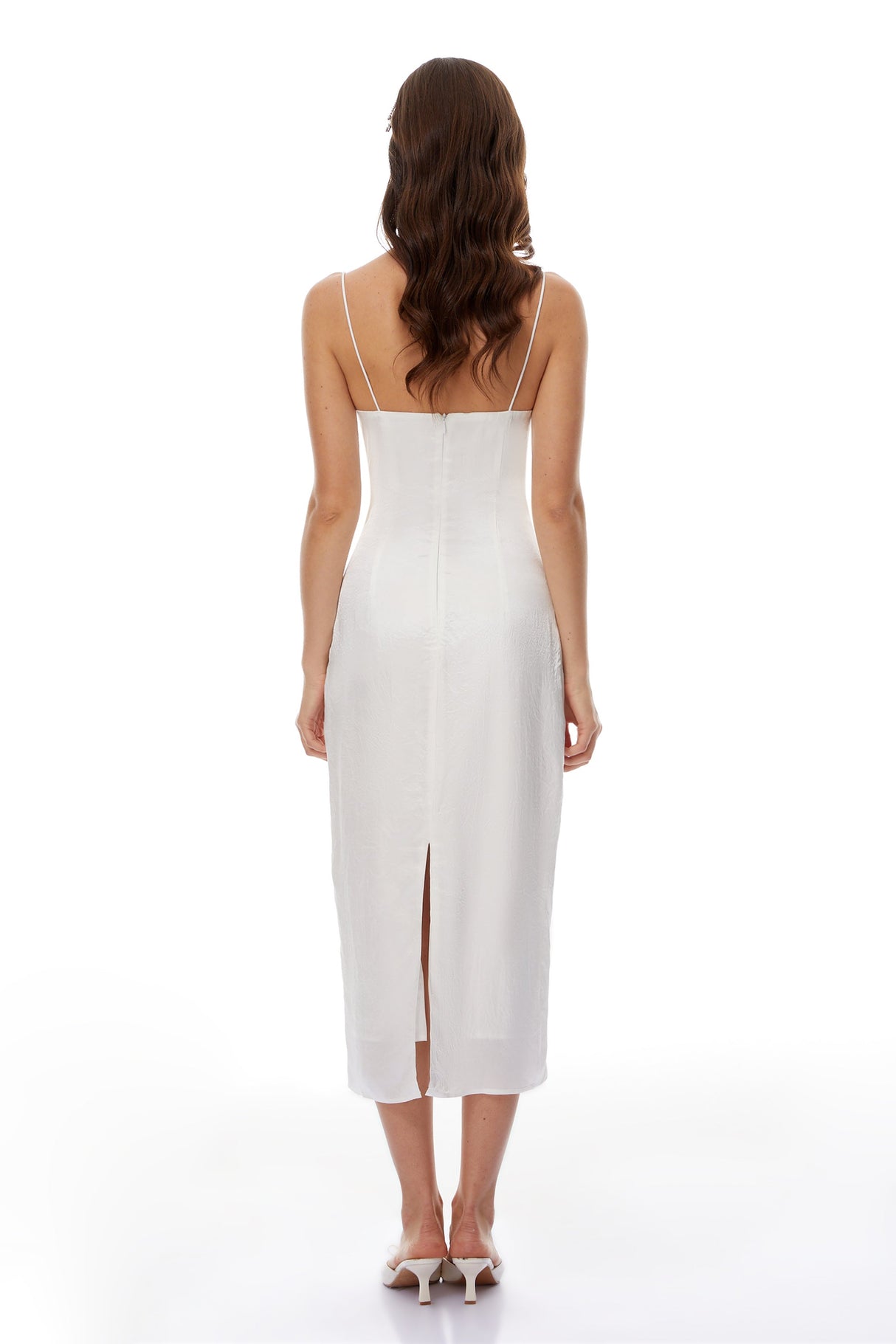 Aurohaya Irmgard White Shell Pleated Satin Midi Dress