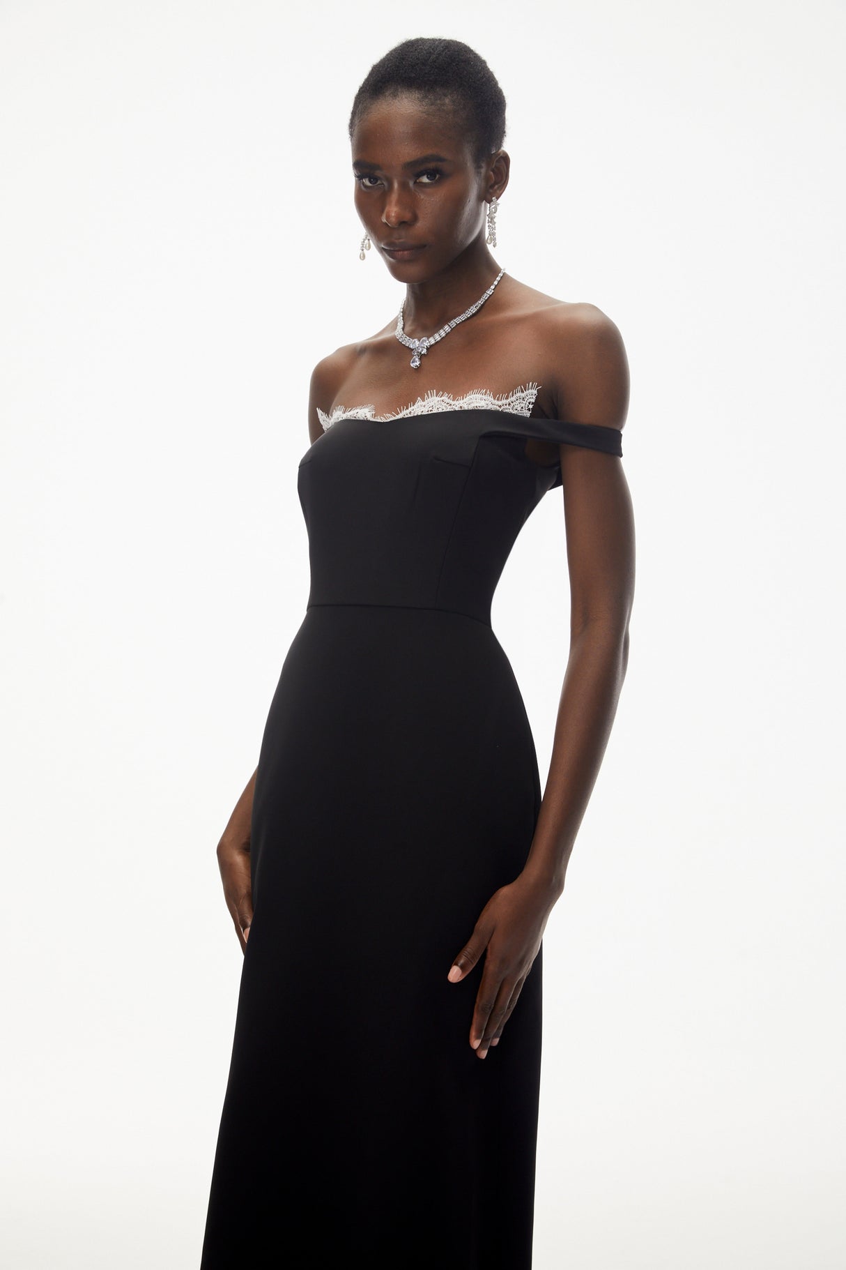 Aurohaya Isabella Black Off Shoulder Lace Panel Maxi Dress