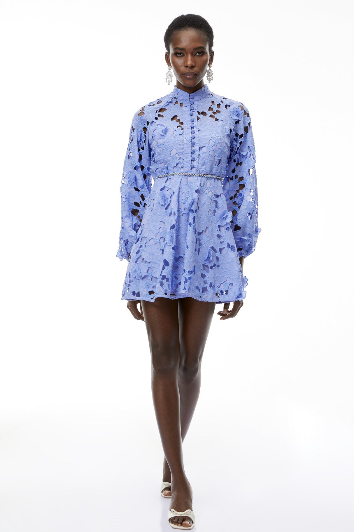 Aurohaya Isabella Blue Cut-Out Mini Dress with Floral Applique