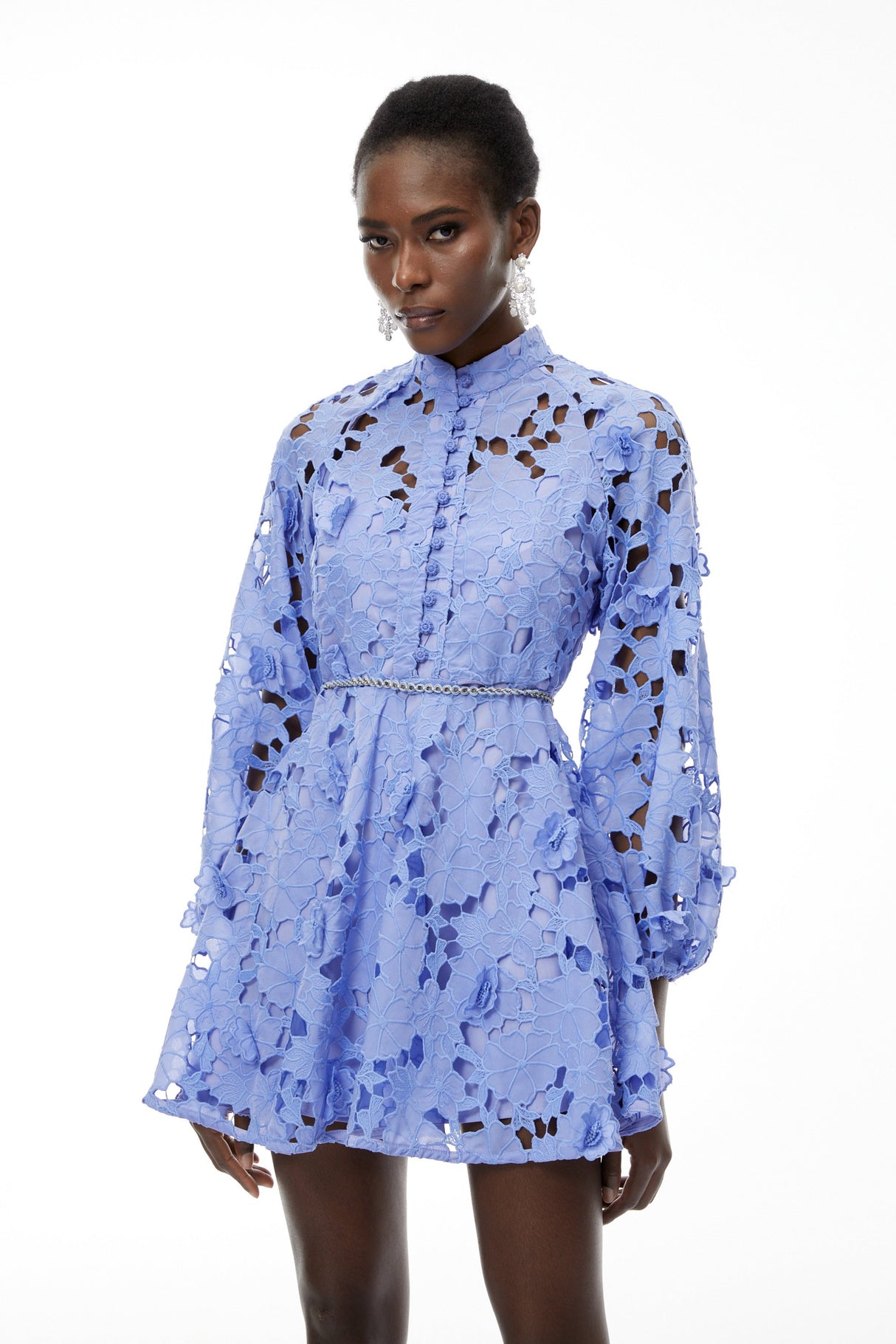 Aurohaya Isabella Blue Cut-Out Mini Dress with Floral Applique