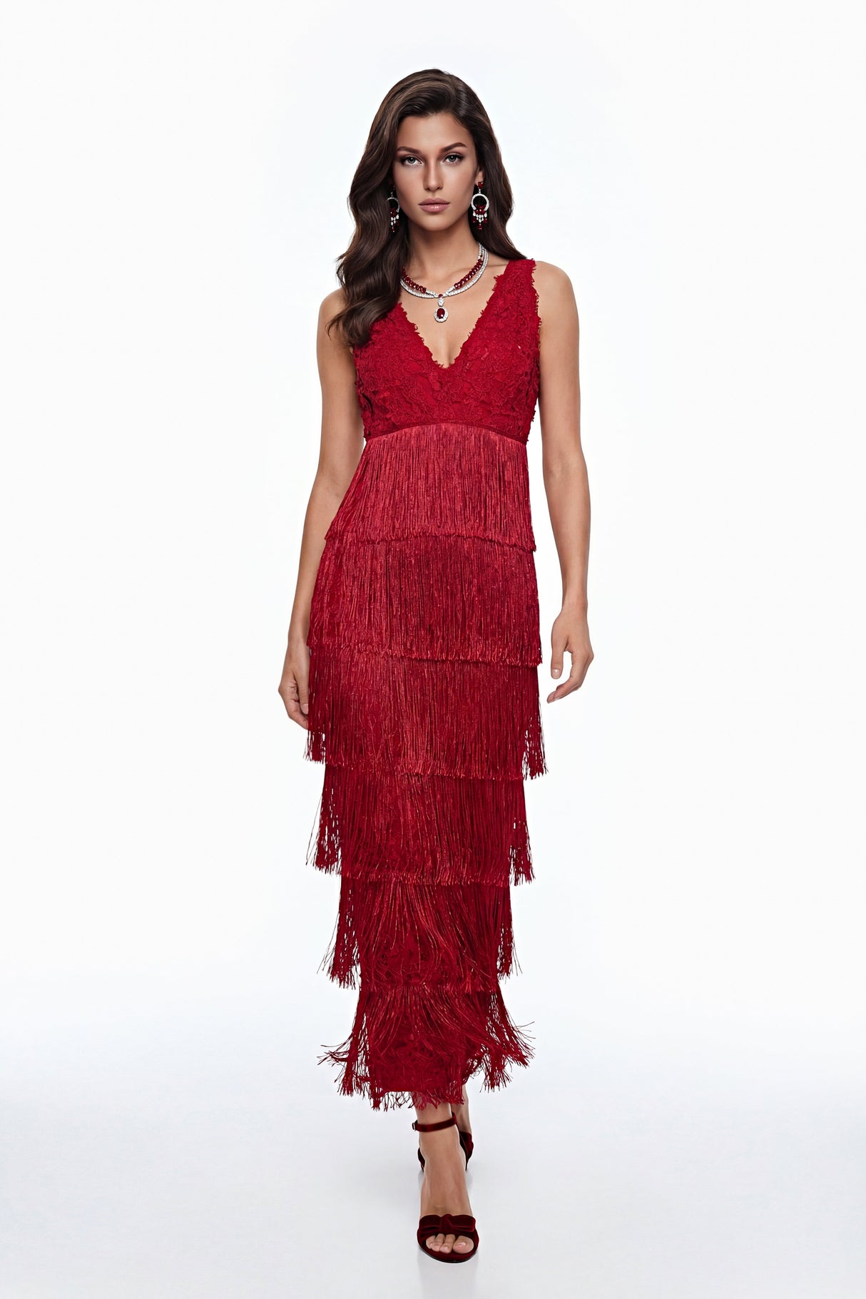 Aurohaya Isoldeia Red Sleeveless Lace Maxi Dress