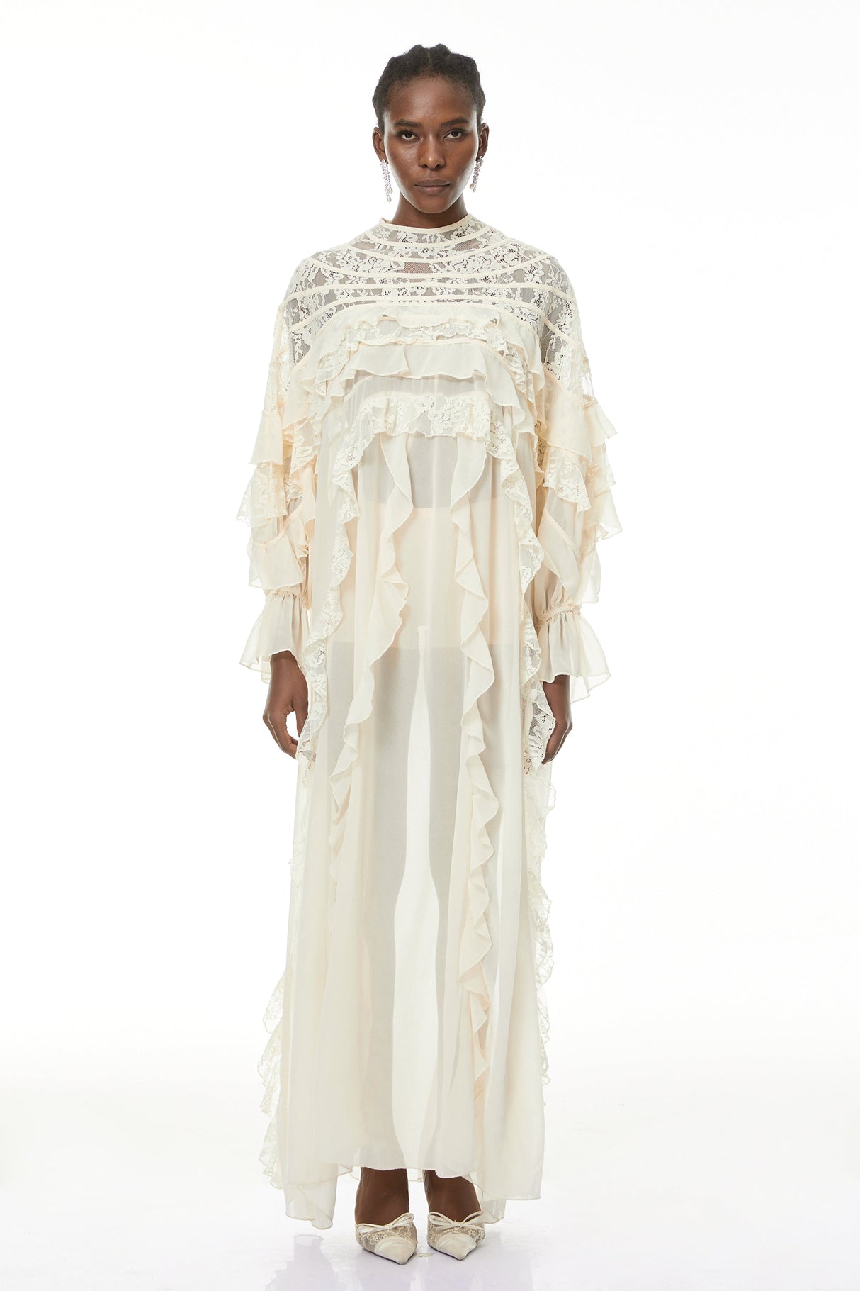 Aurohaya Ivana Neutrals Lace Ruched Maxi Dress