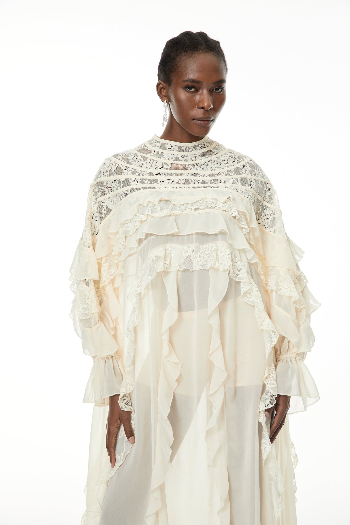 Aurohaya Ivana Neutrals Lace Ruched Maxi Dress