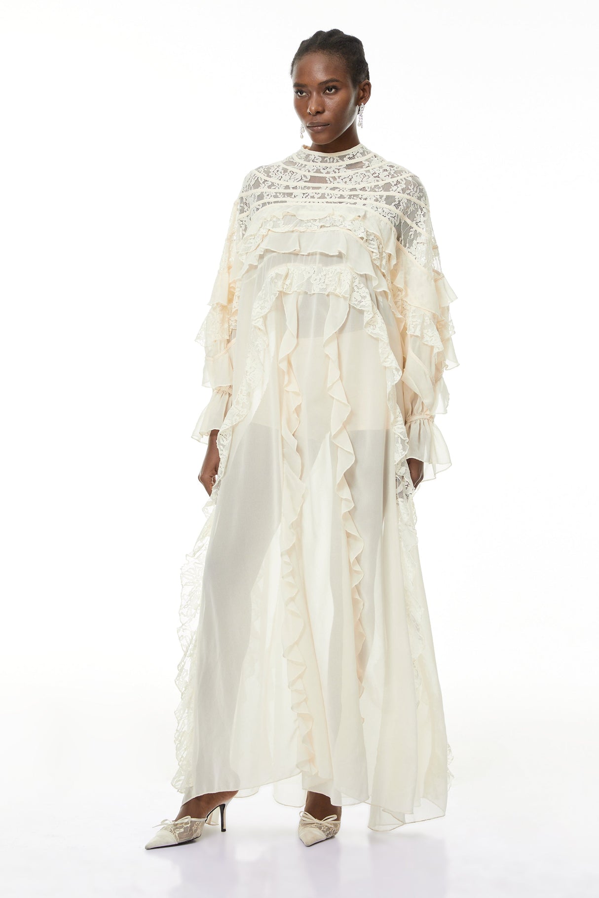 Aurohaya Ivana Neutrals Lace Ruched Maxi Dress