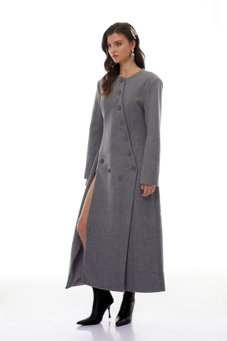 Aurohaya Izan Grey Asymmetrical Tweed Blazer Maxi Dress