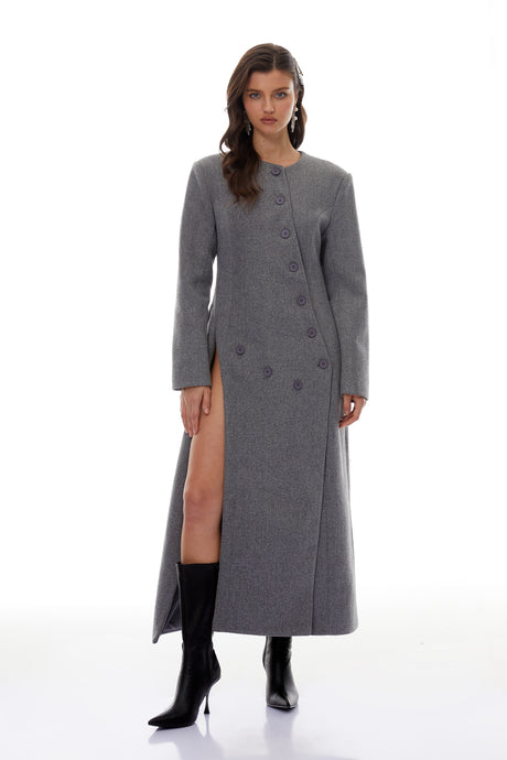 Aurohaya Izan Grey Asymmetrical Tweed Blazer Maxi Dress