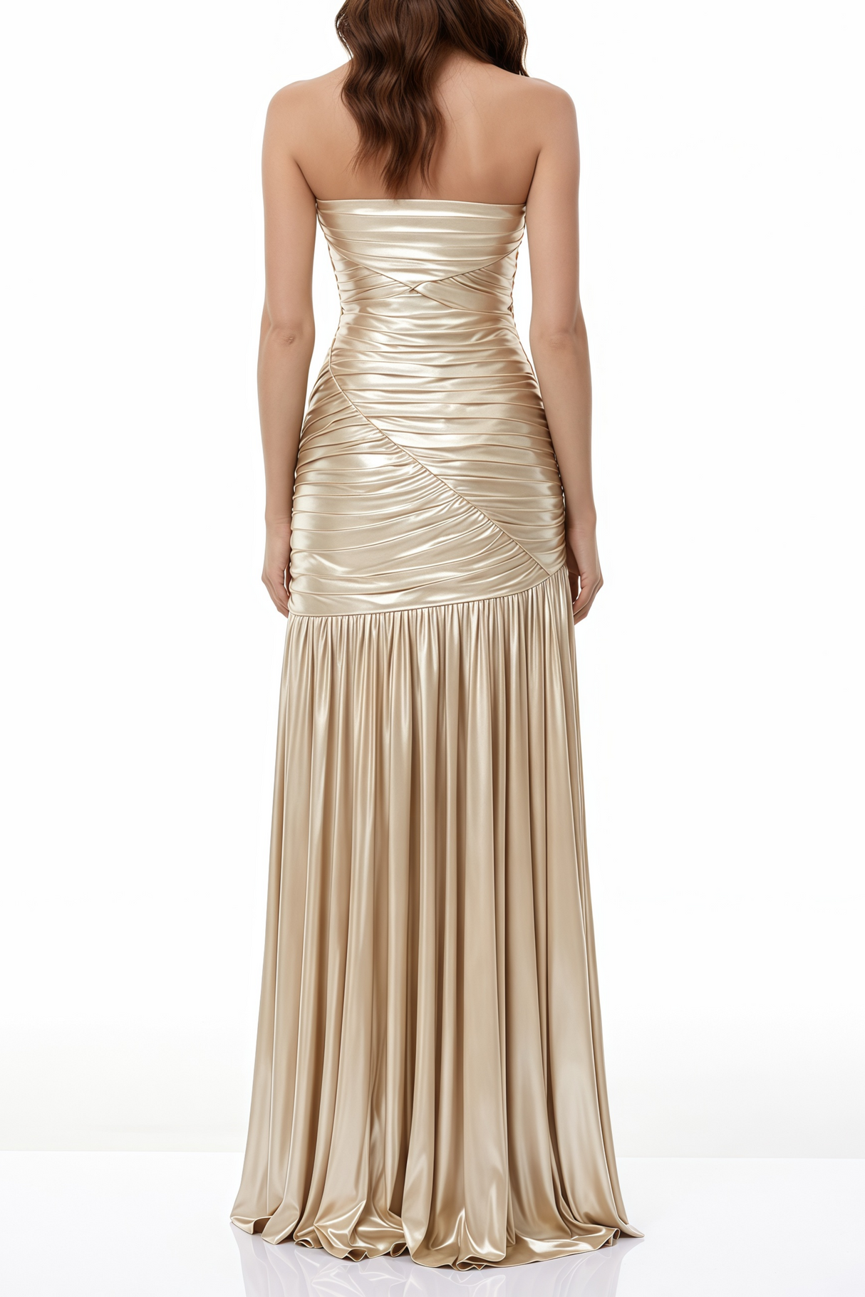 Aurohaya Jamila Champagne Ruched Glossy Maxi Dress with High Slit