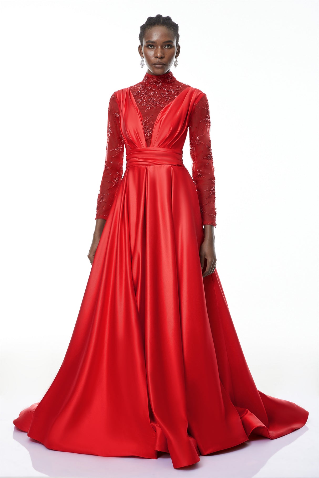 Aurohaya Jelena Red Embellished Satin Maxi Gown