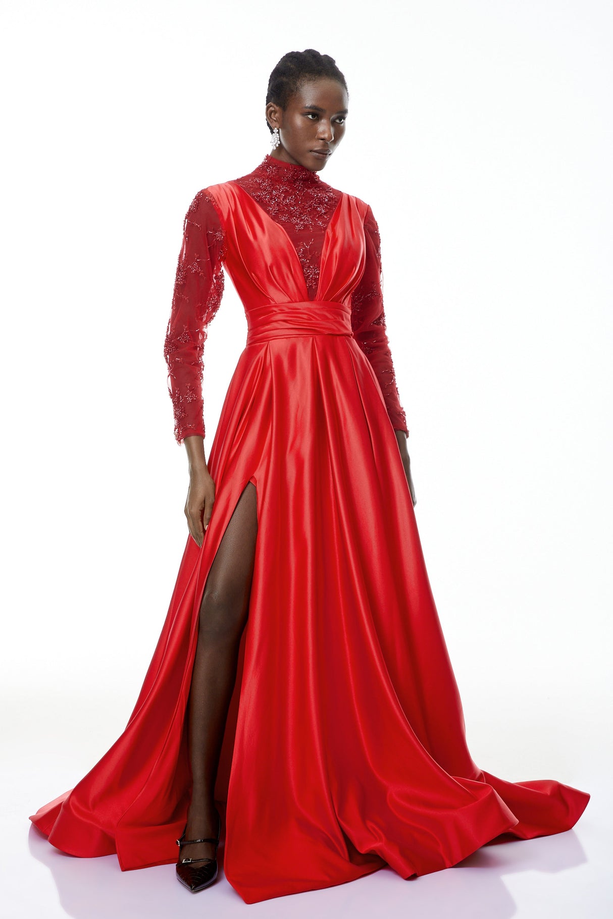 Aurohaya Jelena Red Embellished Satin Maxi Gown