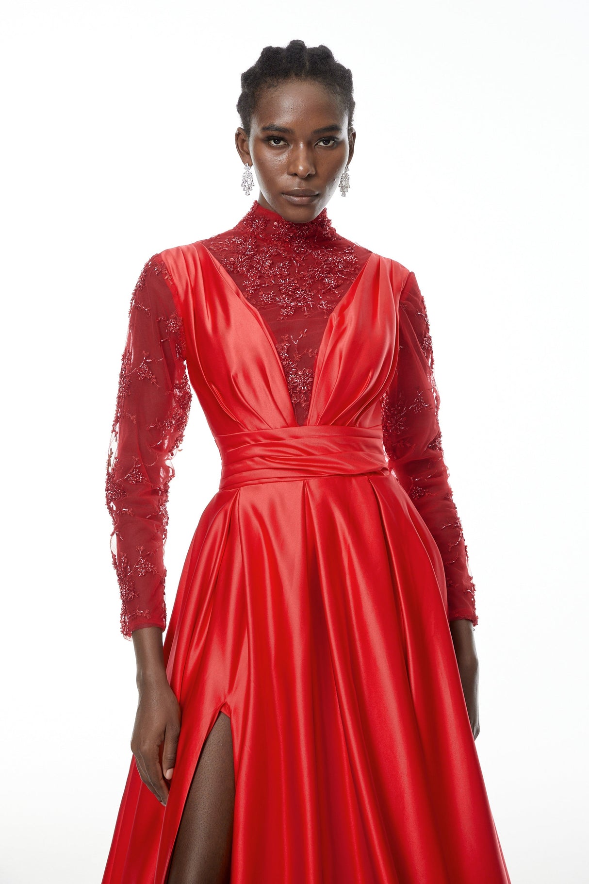 Aurohaya Jelena Red Embellished Satin Maxi Gown