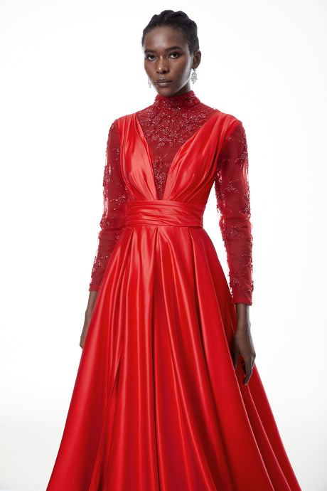 Aurohaya Jelena Red Embellished Satin Maxi Gown