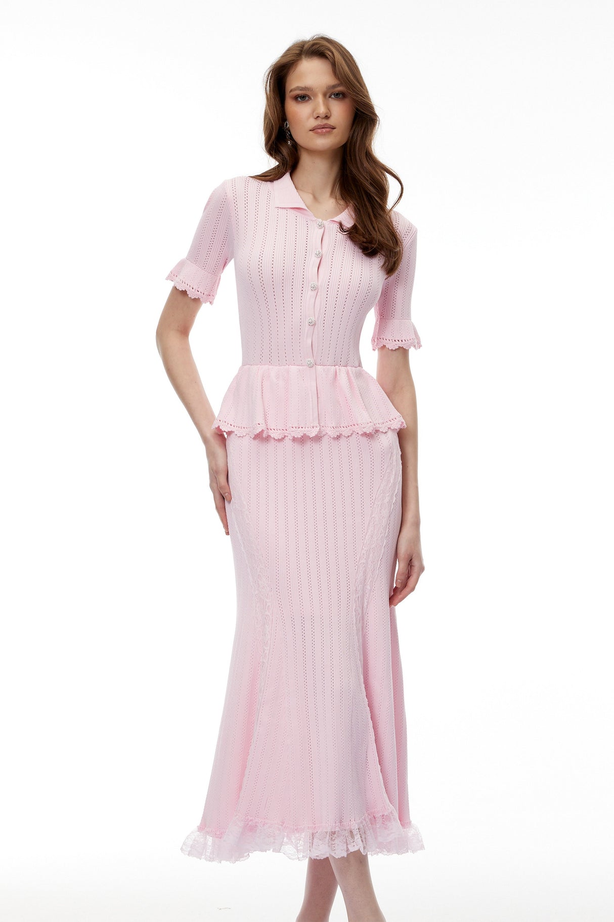 Aurohaya Jocasta Pink Stretch Lace Knit Midi Dress