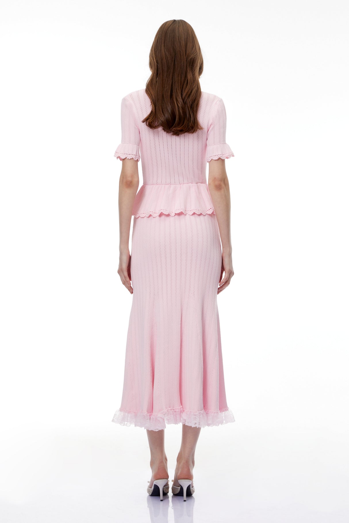 Aurohaya Jocasta Pink Stretch Lace Knit Midi Dress