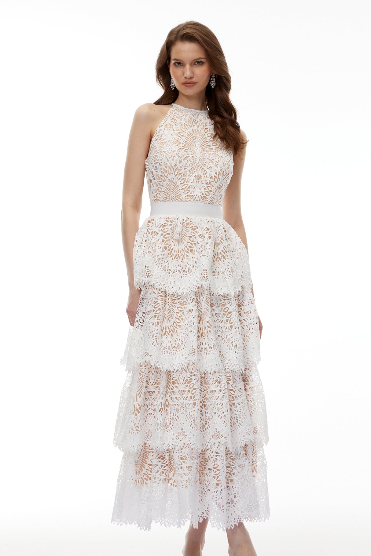 Aurohaya Jocaste White Halterneck Lace Maxi Dress