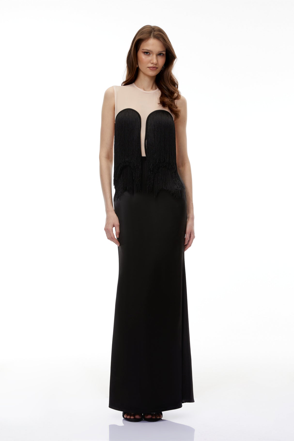 Aurohaya Jochebed Black Semi-Sheer Maxi Dress with Tassels