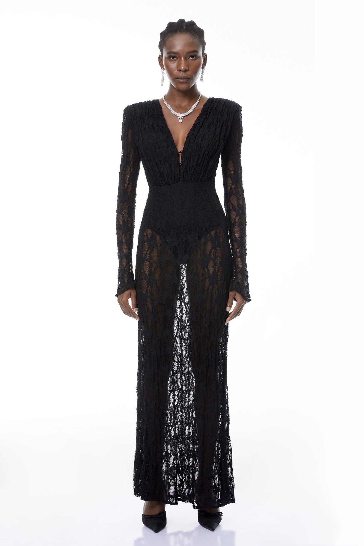 Aurohaya Johanna Black Semi-Sheer Lace Maxi Dress