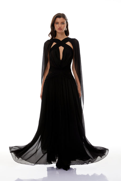 Aurohaya Jorge Black Open Back Ribbon Maxi Dress
