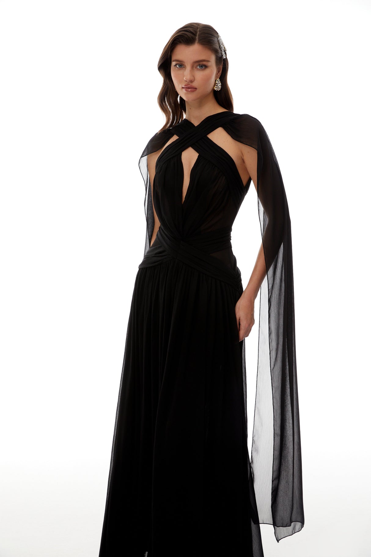 Aurohaya Jorge Black Open Back Ribbon Maxi Dress