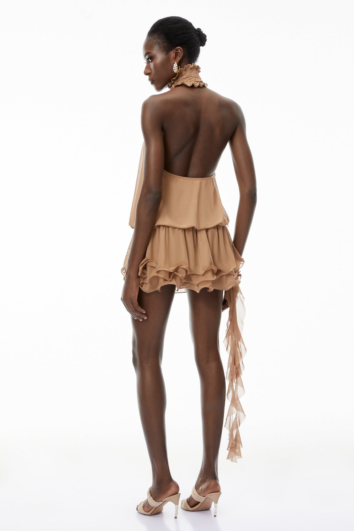 Aurohaya Josephine Khaki Halterneck Ruffled Mini Dress