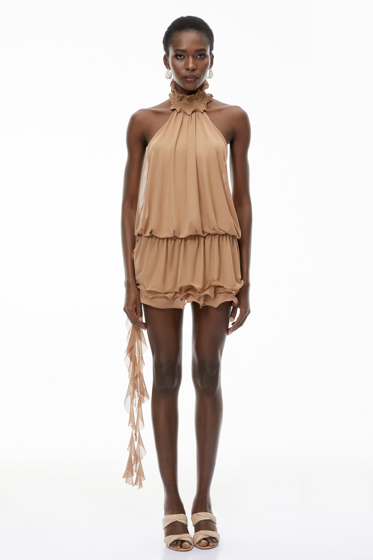 Aurohaya Josephine Khaki Halterneck Ruffled Mini Dress