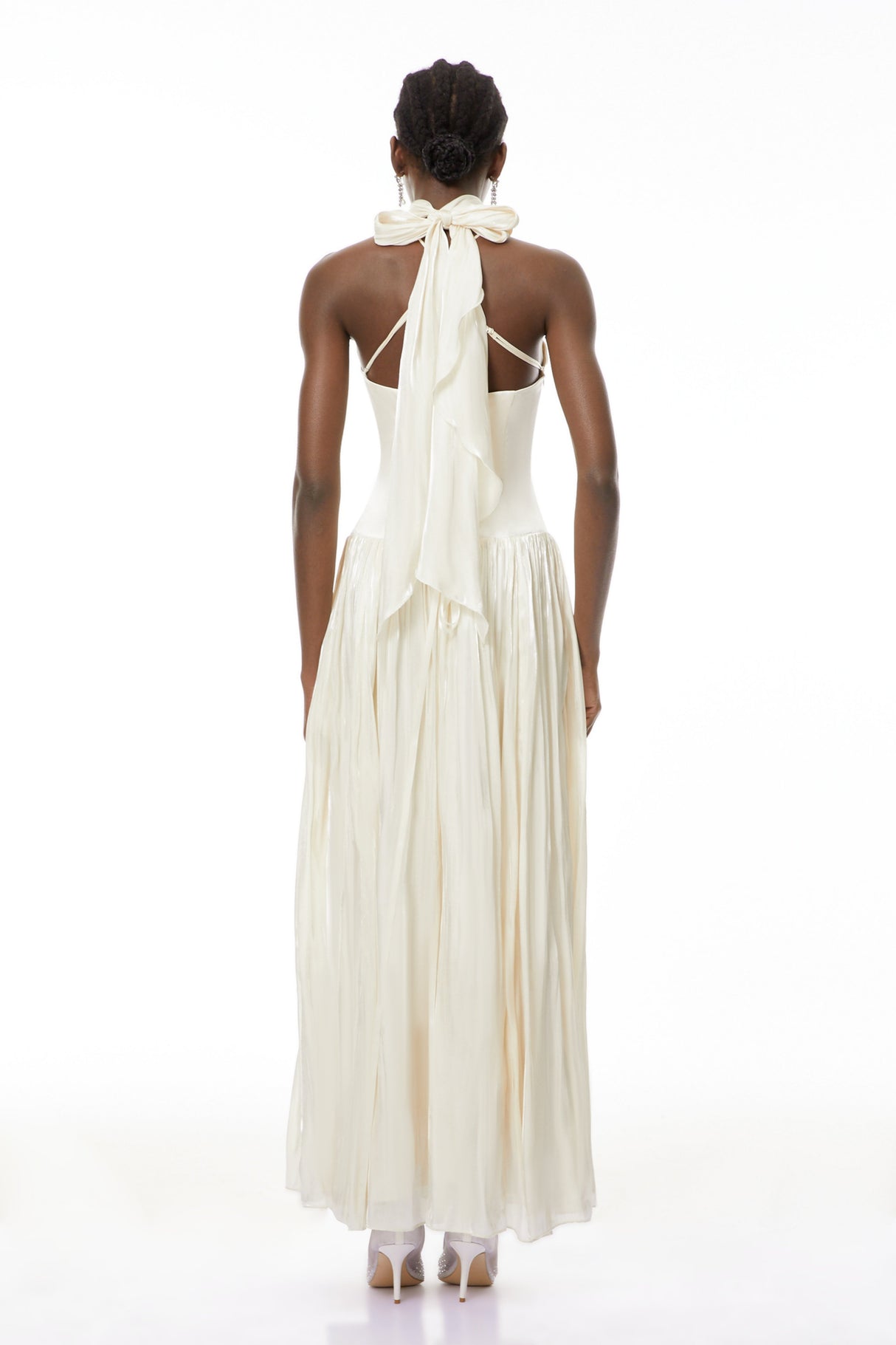 Aurohaya Jovita White Halterneck Pleated Maxi Dress