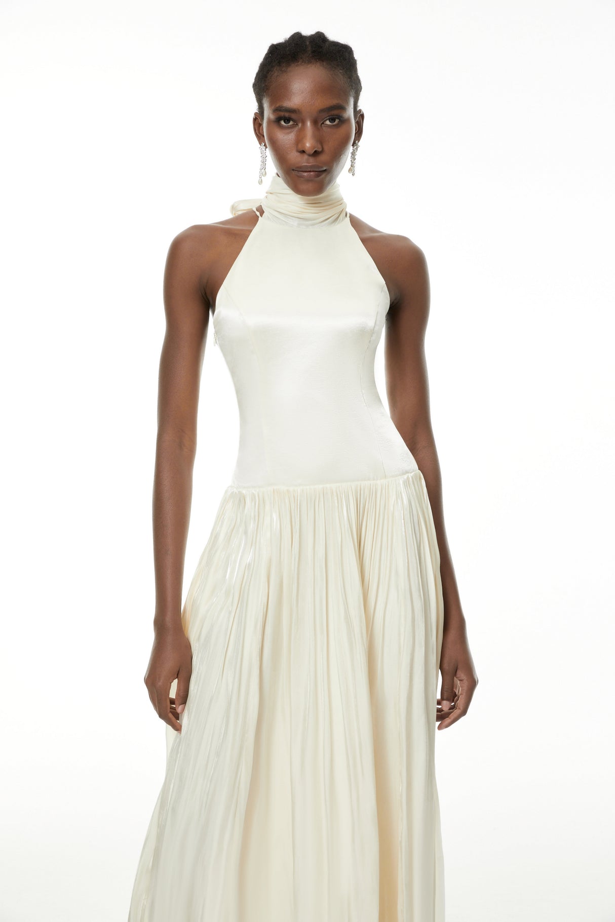 Aurohaya Jovita White Halterneck Pleated Maxi Dress