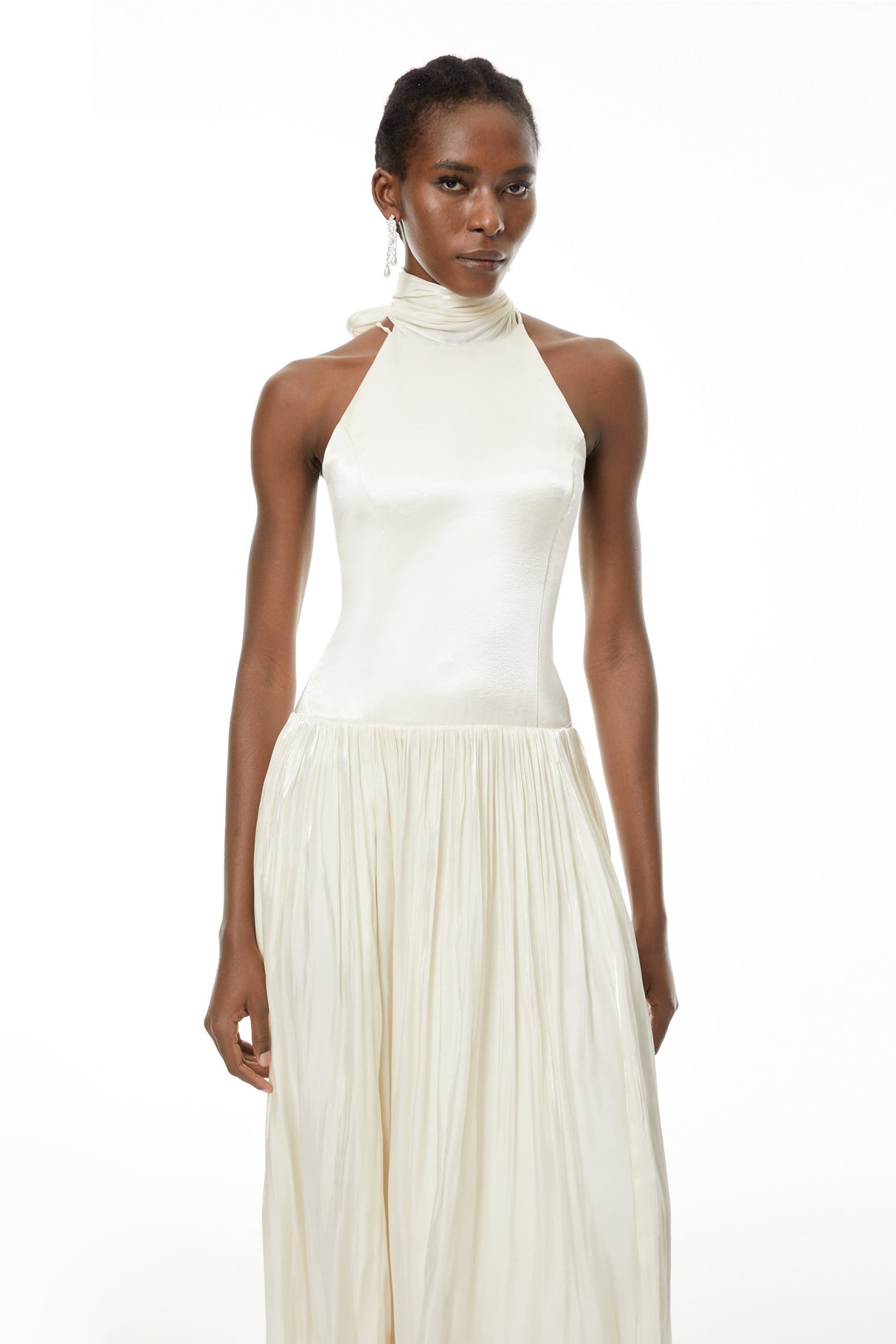 Aurohaya Jovita White Halterneck Pleated Maxi Dress