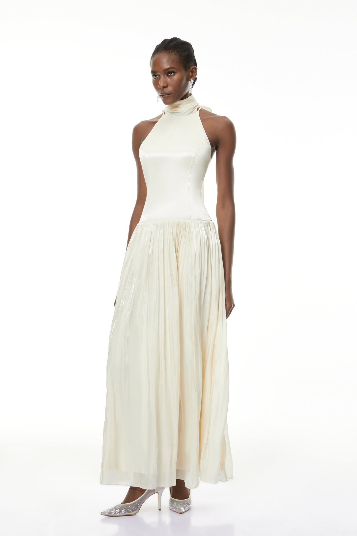 Aurohaya Jovita White Halterneck Pleated Maxi Dress