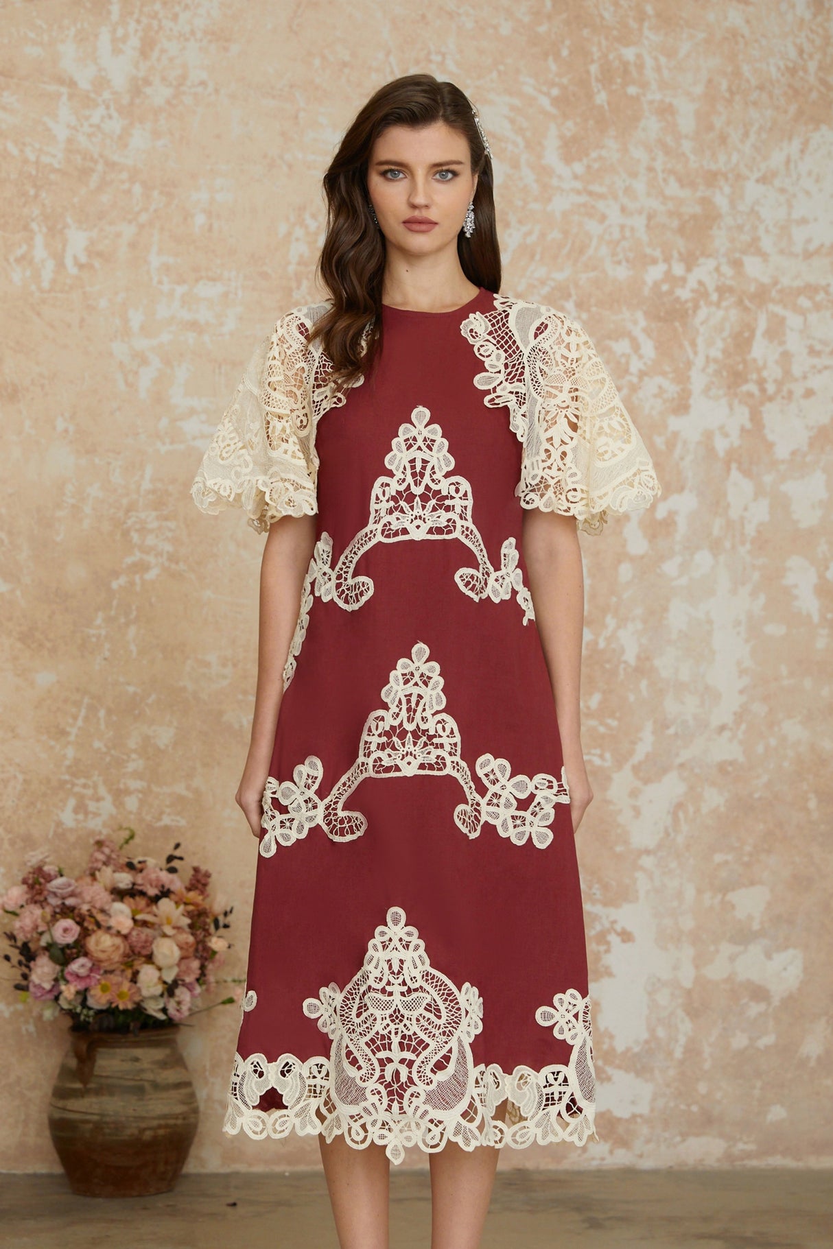 Aurohaya Julia Red Color Block Floral Embroidered Midi Dress