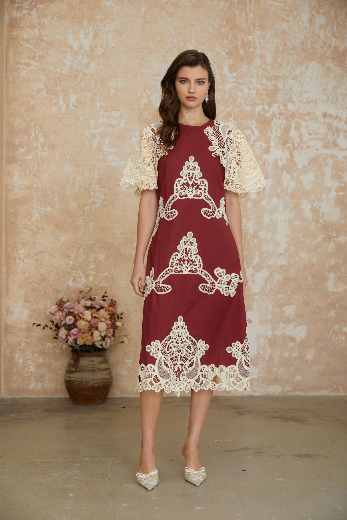 Aurohaya Julia Red Color Block Floral Embroidered Midi Dress
