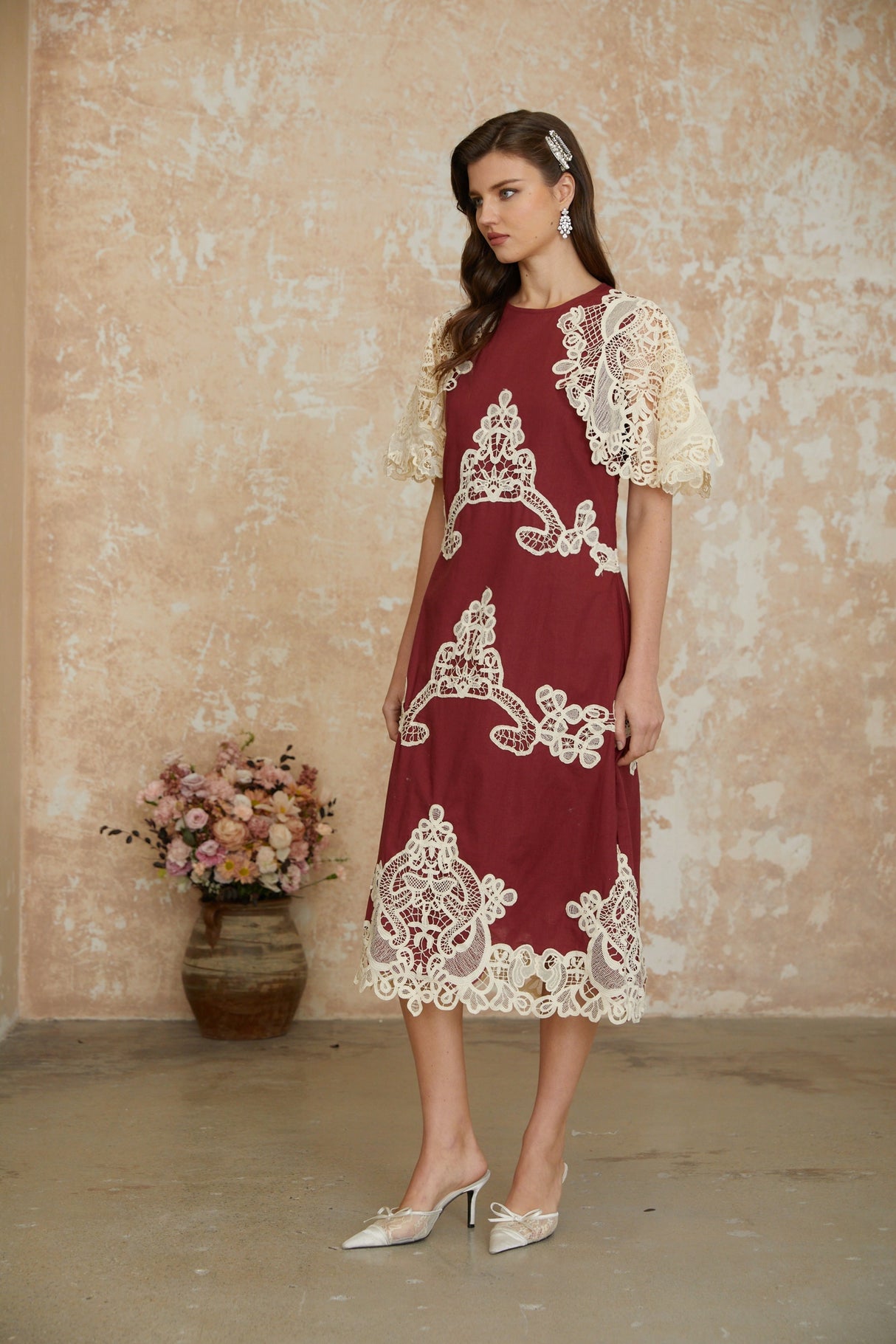 Aurohaya Julia Red Color Block Floral Embroidered Midi Dress