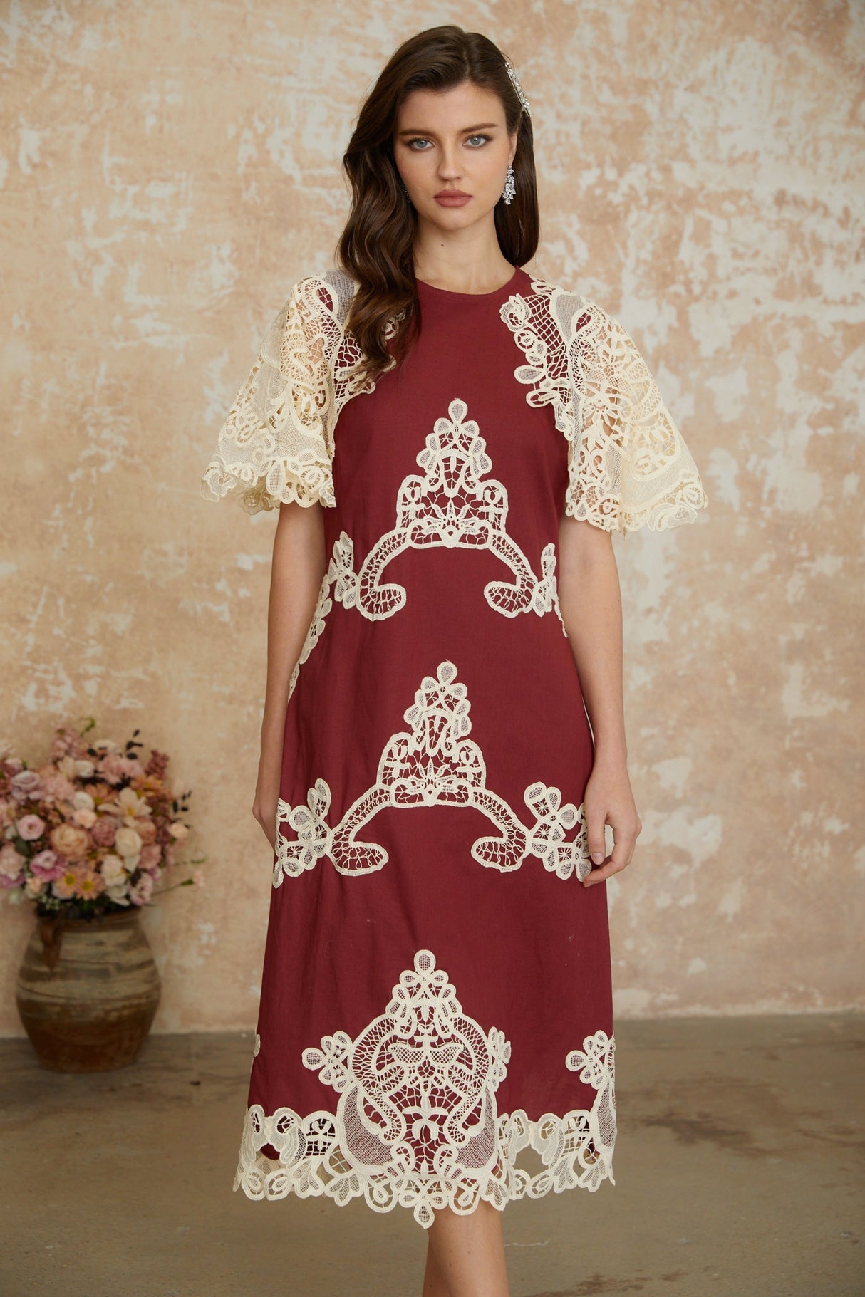 Aurohaya Julia Red Color Block Floral Embroidered Midi Dress