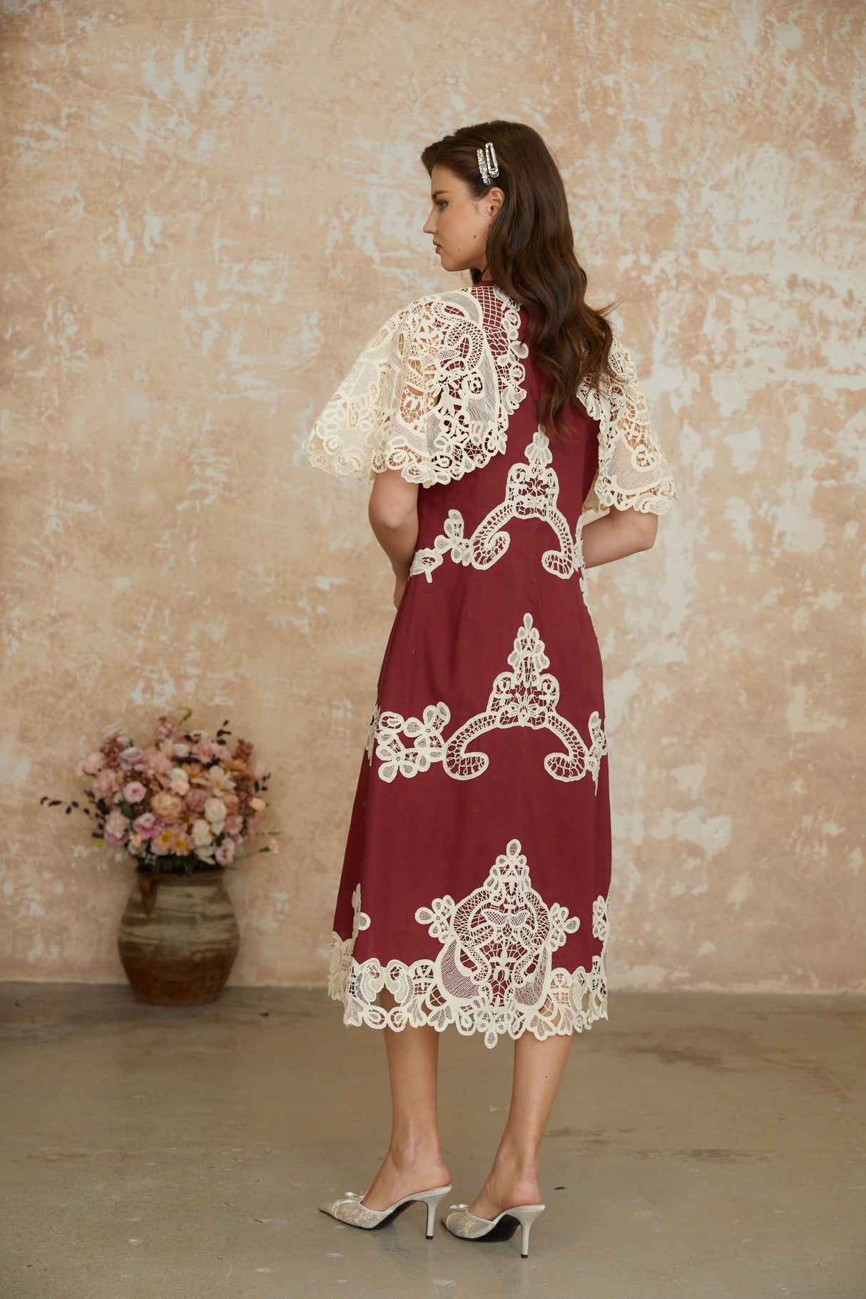 Aurohaya Julia Red Color Block Floral Embroidered Midi Dress