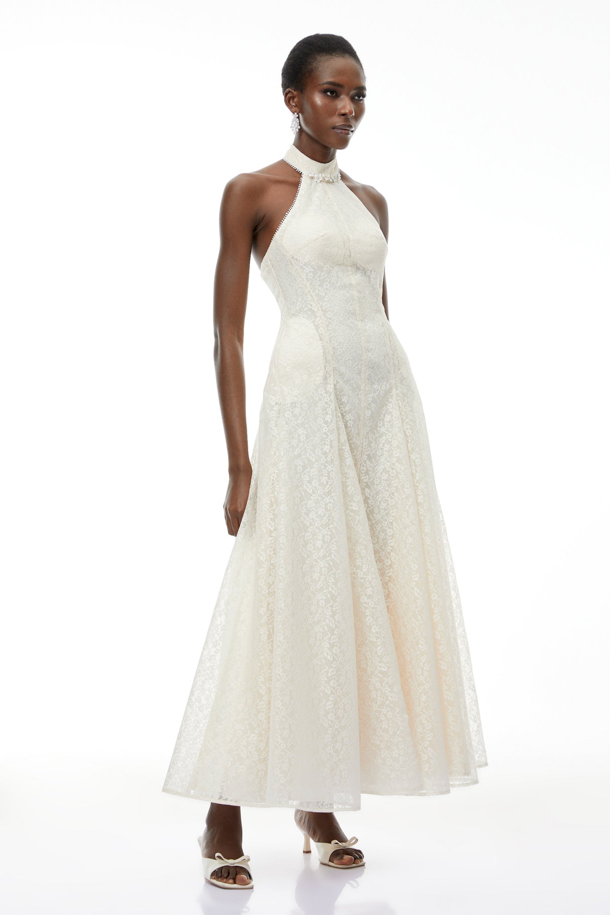 Aurohaya Juliet Cream White Halterneck Floral Lace Maxi Dress