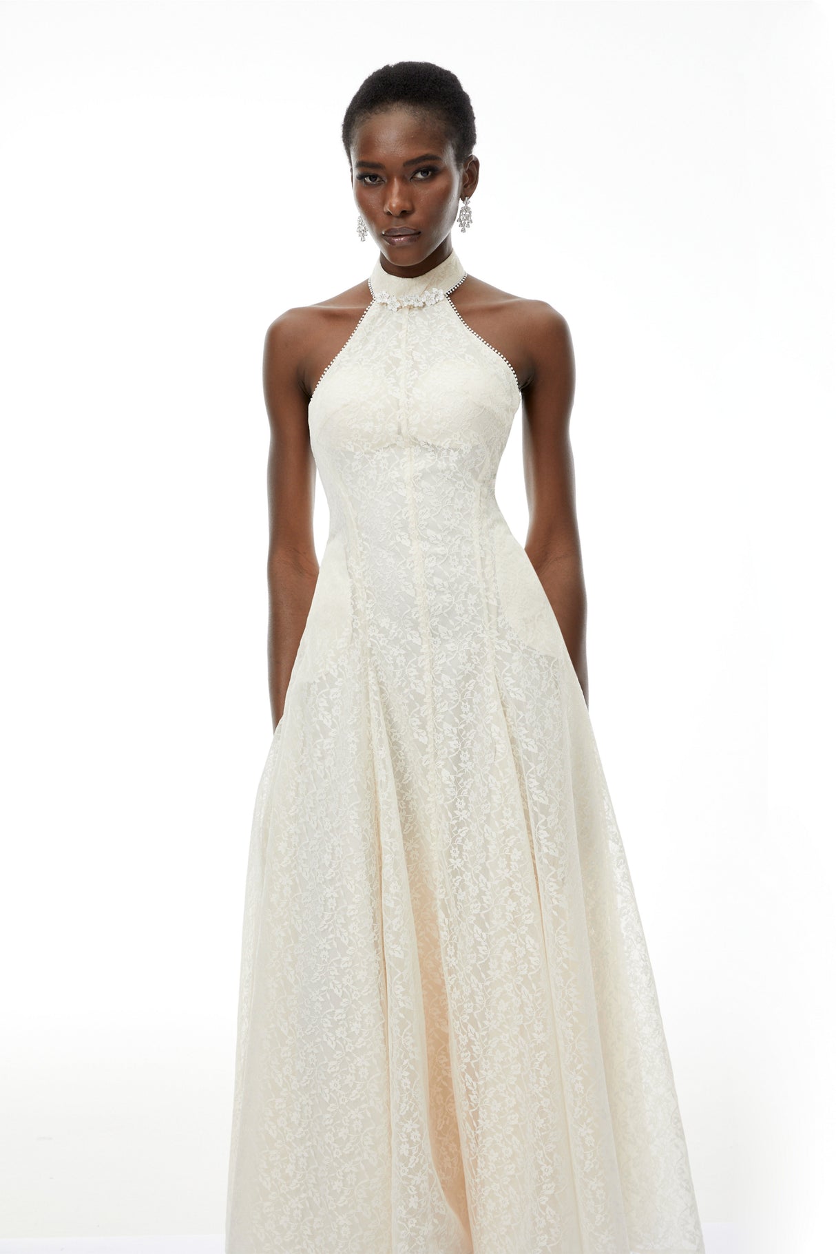 Aurohaya Juliet Cream White Halterneck Floral Lace Maxi Dress