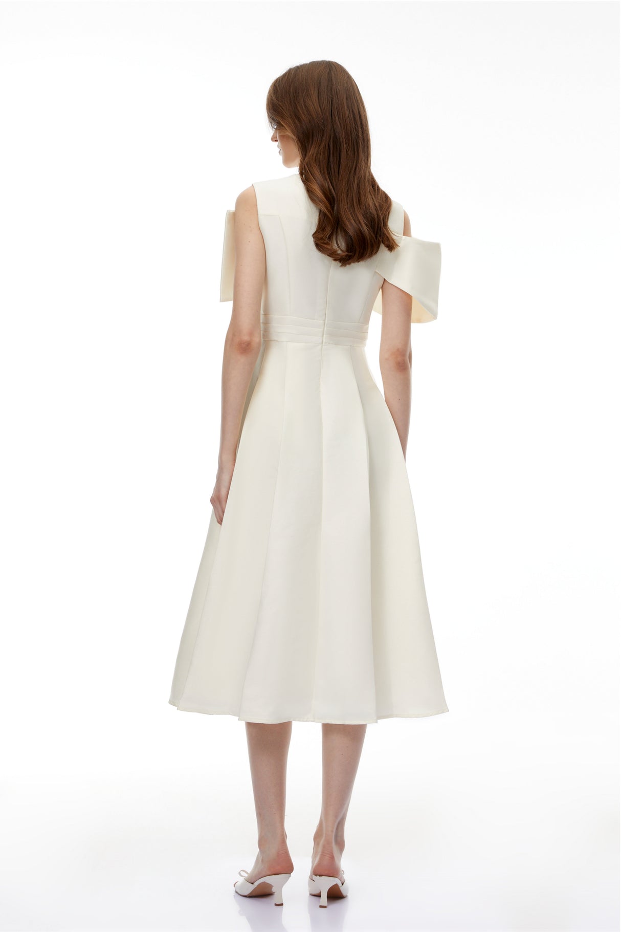 Aurohaya Juniper Champagne V-Neck Satin Midi Dress with Bow Detail
