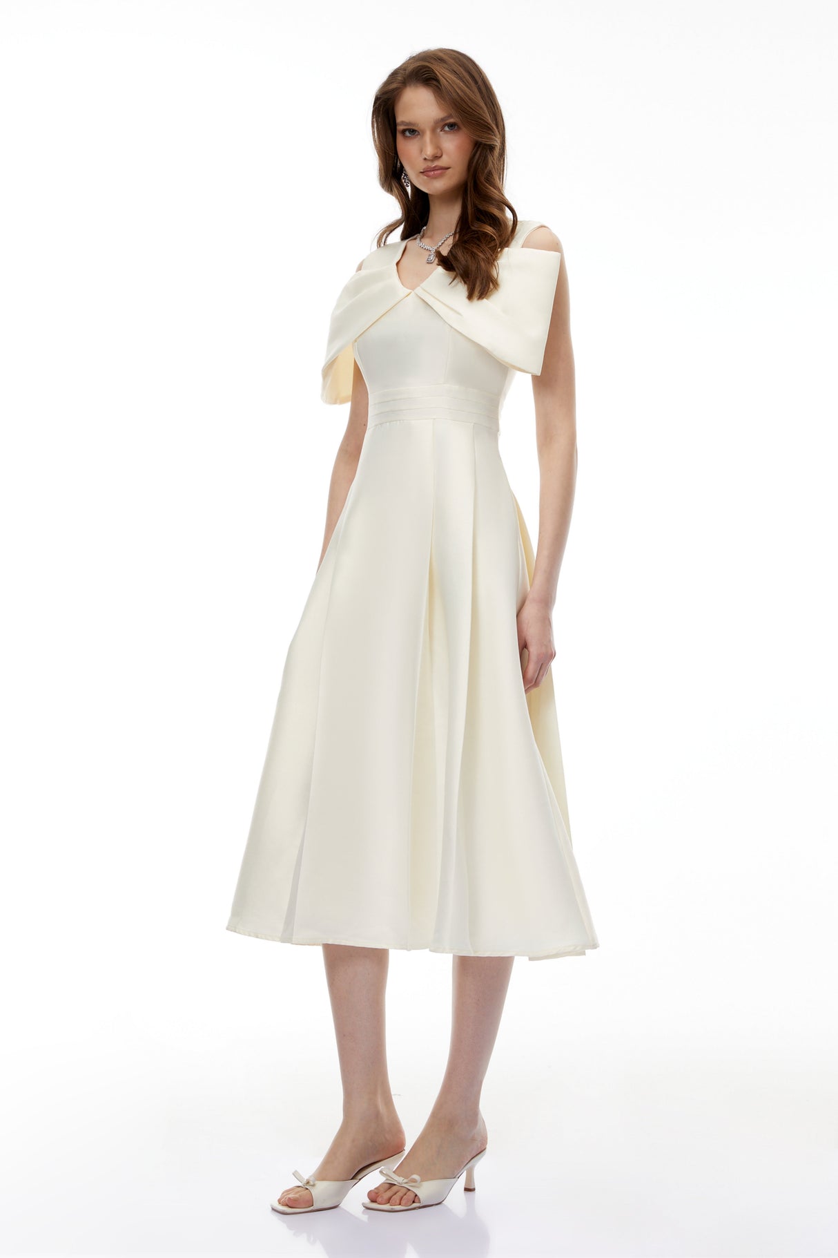 Aurohaya Juniper Champagne V-Neck Satin Midi Dress with Bow Detail