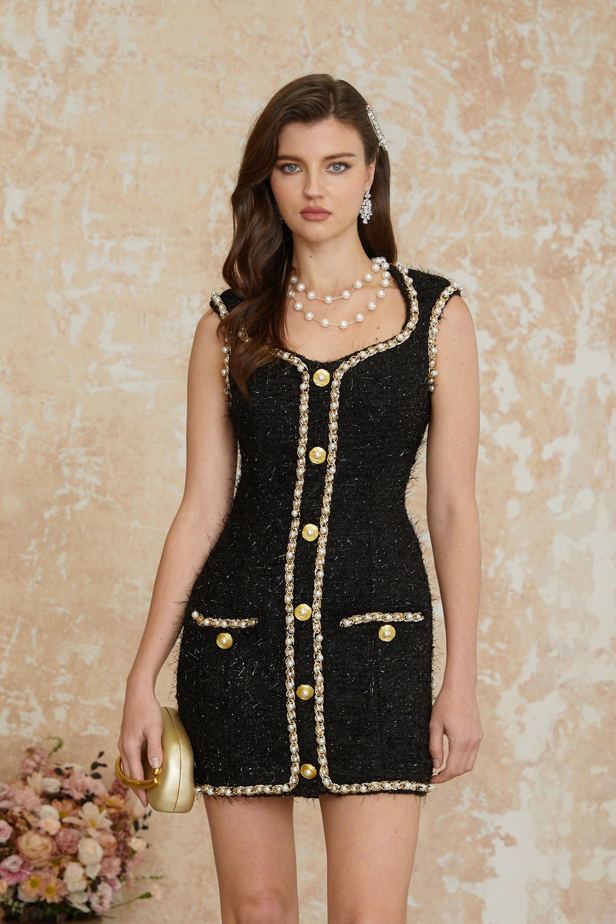 Aurohaya Kamila Black Tweed Mini Dress with Faux Pearls