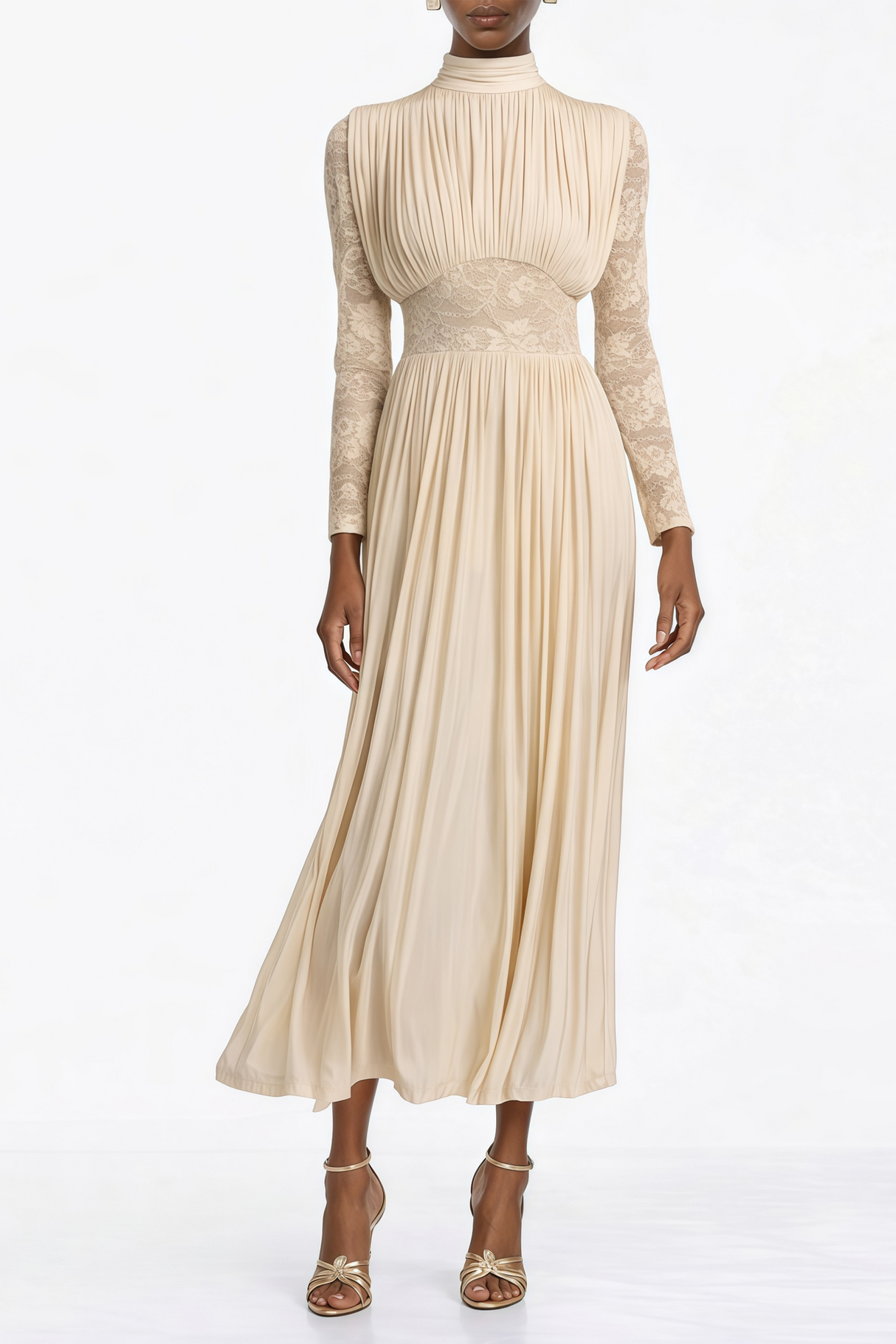 Aurohaya Karine Neutral Lace Panel Ruched Maxi Dress