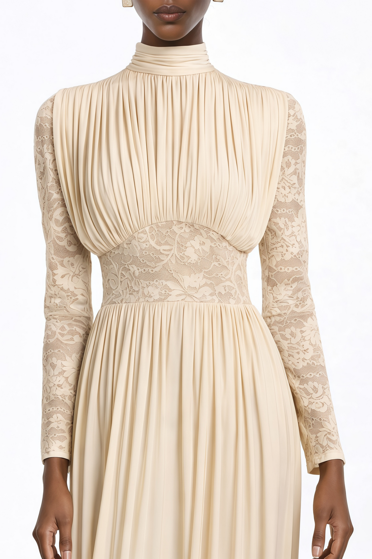 Aurohaya Karine Neutral Lace Panel Ruched Maxi Dress