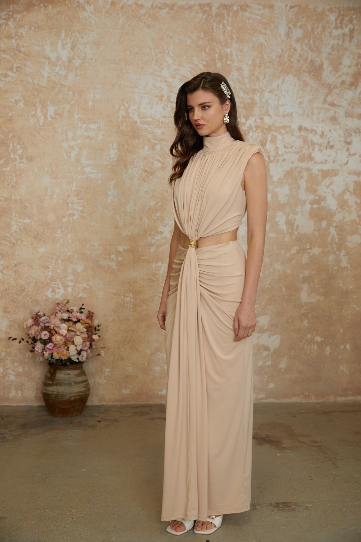 Aurohaya Karolina Neutral High Neck Twist Front Maxi Dress